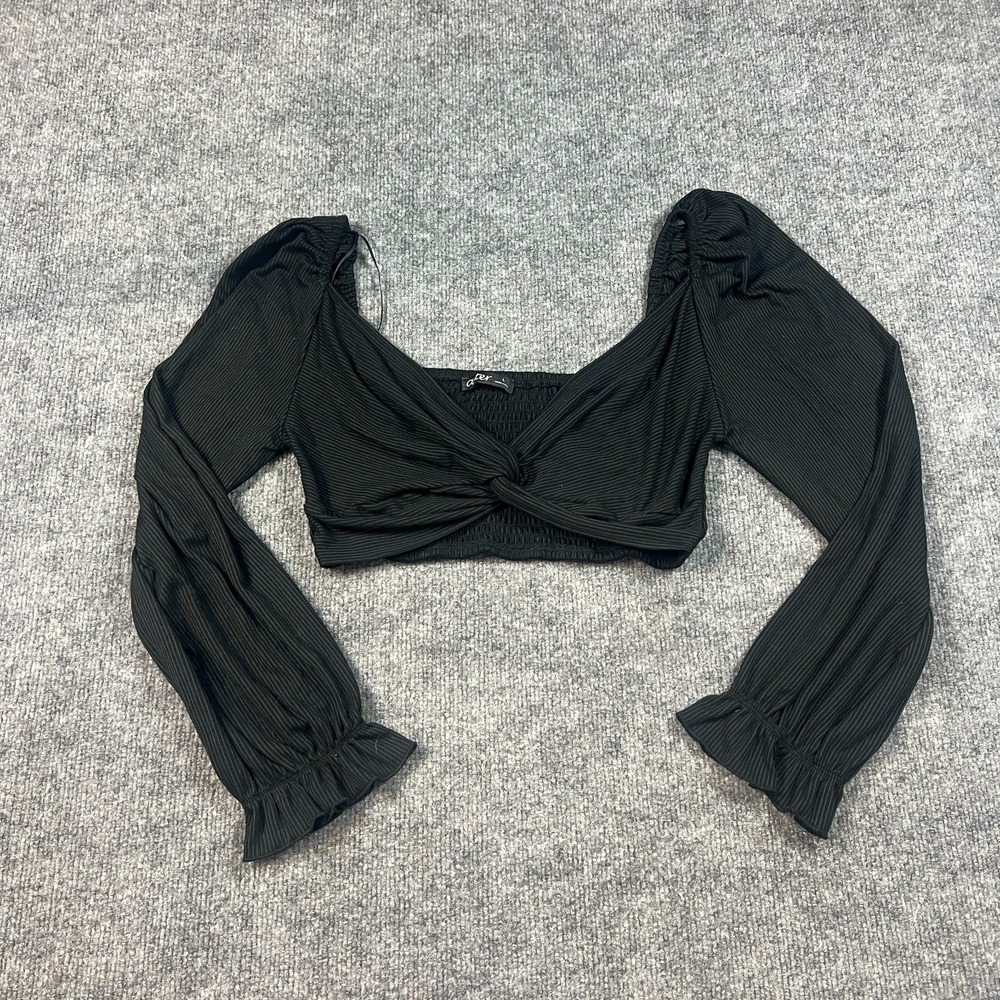 Aster Lace Bow Crop Top Womens Large Black Striped Stretch Smocked Bishop Sleeve